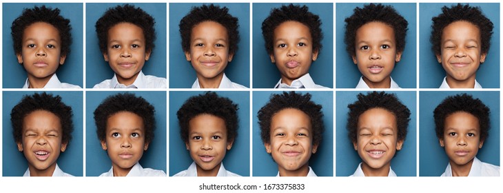 Set of black child boy faces. Emotion, emotional expression collage