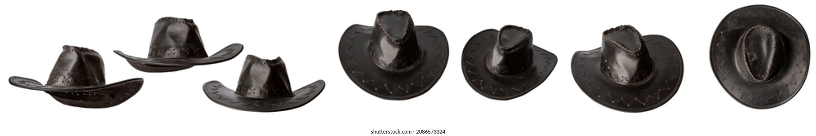 set black classic wide brim cowboy hat in multiple positions isolated on white background - Powered by Shutterstock