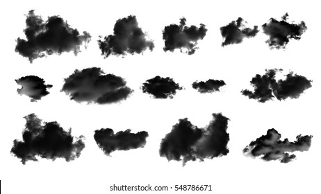 Set Of Black Clouds Or Smoke Isolated On White Background