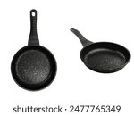 Set of black granite frying pans with textured handles. These non-stick, durable pans are perfect for cooking a variety of dishes, offering even heat distribution and easy cleaning.