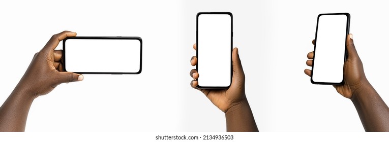 Set Of Black Hand Holding Phone Facing Camera Isolated On White Background. Blank Screen, Phone Screen Mockup, Front View, Clipping Path, Clipping Mask