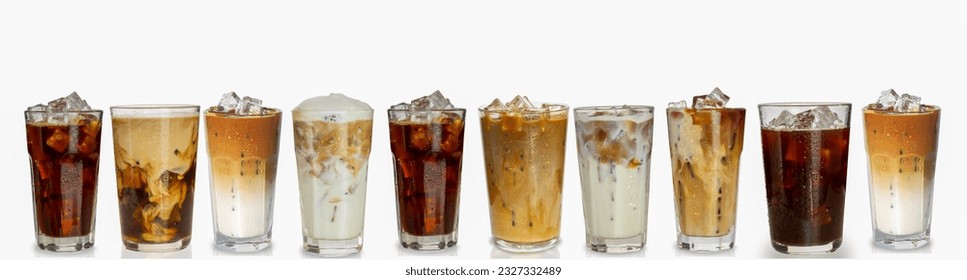 Set of black ice coffee and ice latte coffee with milk in tall glass isolated  on white background. - Shutterstock ID 2327332489