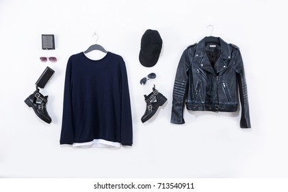 Set of black leather punk jacket ,shirt with punk shoes,purse, sunglasses, - Shutterstock ID 713540911
