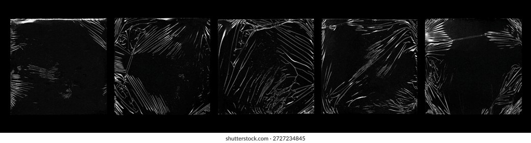 Set of black plastic wrap textures with stretched, wrinkled and torn film surfaces. Abstract dark backgrounds featuring transparent plastic distortions, scratches and folds, ideal for grunge design, overlays, posters, album covers, and modern visual compositions.