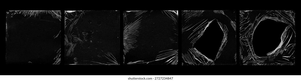 Set of black plastic wrap textures with stretched, wrinkled and torn film surfaces. Abstract dark backgrounds featuring transparent plastic distortions, scratches and folds, ideal for grunge design, overlays, posters, album covers, and modern visual compositions.