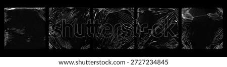 Set of black plastic wrap textures with stretched, wrinkled and torn film surfaces. Abstract dark backgrounds featuring transparent plastic distortions, scratches and folds, ideal for grunge design, overlays, posters, album covers, and modern visual compositions.
