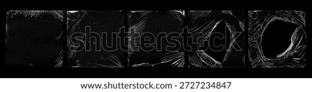 Set of black plastic wrap textures with stretched, wrinkled and torn film surfaces. Abstract dark backgrounds featuring transparent plastic distortions, scratches and folds, ideal for grunge design, overlays, posters, album covers, and modern visual compositions.