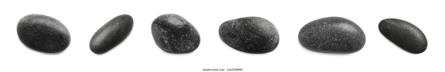 Set With Black Spa Stones On White Background. Banner Design