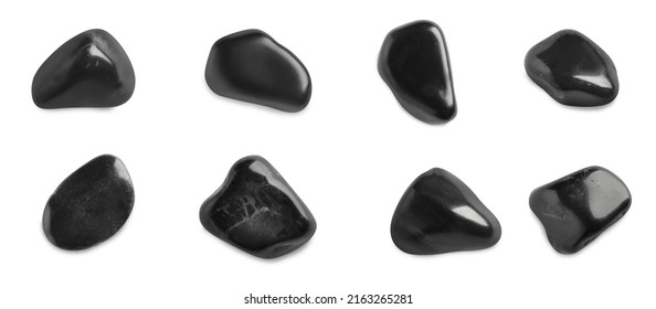 Set With Black Spa Stones On White Background. Banner Design