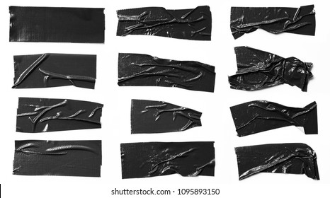 Set Of Black Tapes On White Background. Torn Horizontal And Different Size Black Sticky Tape, Adhesive Pieces.