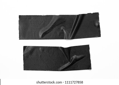 Set Of Black Tapes On White Background. Torn Horizontal And Different Size Black Sticky Tape, Adhesive Pieces.