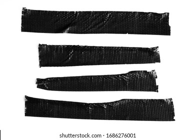 Set Of Black Tapes On White Background. Torn Horizontal And Different Size Sticky Tape, Adhesive Pieces.