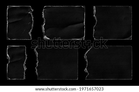 Set of Black Torn Ripped Paper Pieces Edges Cards isolated on Black Background. Cardboard Overlay Texture. 