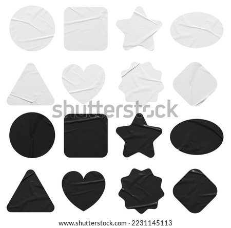 Set of Black and White stickers mock up. Blank tags labels of different shapes, isolated on white background with clipping path
