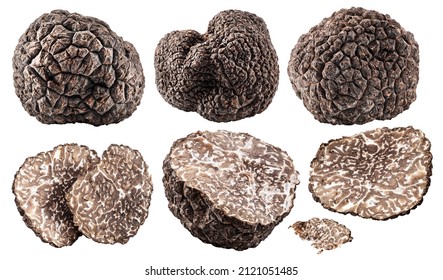 Set of black winter truffle and truffle slices on white background. File contains clipping path.