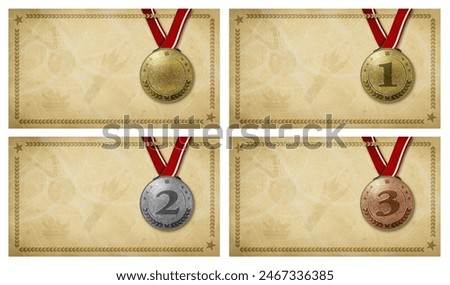 Set of blank brown Olympic qualifying certificates with drawings and medals for position in participation in sporting events,