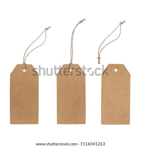 Set of blank cardboard tags isolated on white with different ropes. Without shadows, easy to use for your design.