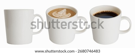 Set of blank ceramic mug cups with different coffee latte or cappuccino with latte art and black coffee isolated on white background, side view