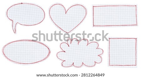 set of blank grid paper notes in various shapes with red hand drawn frames isolated on white background
