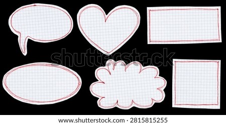set of blank grid paper notes in various shapes with red hand drawn frames isolated on black background