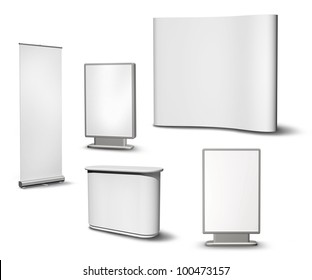 Set Of Blank Roll-up Poster, Billboard, Fair Desk And Concave Wall On White Background