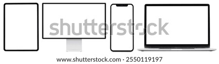 Set of blank screens: tablet, monitor, smartphone, and laptop. tablet, monitor, smartphone, and laptop in a row. Digital device elements isolated on white background.