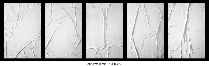Set of blank white glued paper for poster texture overlay. Crumpled and wrinkled pattern for background. Collection of matted wet paper for mockup posters, flyer,  brochure, and banner design