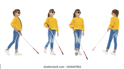 Set of blind girl with long cane walking on white background