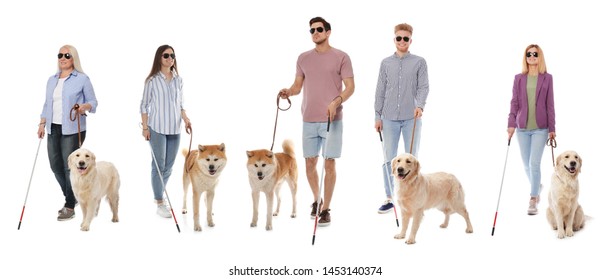 Set Of Blind People With Long Canes And Dogs On White Background