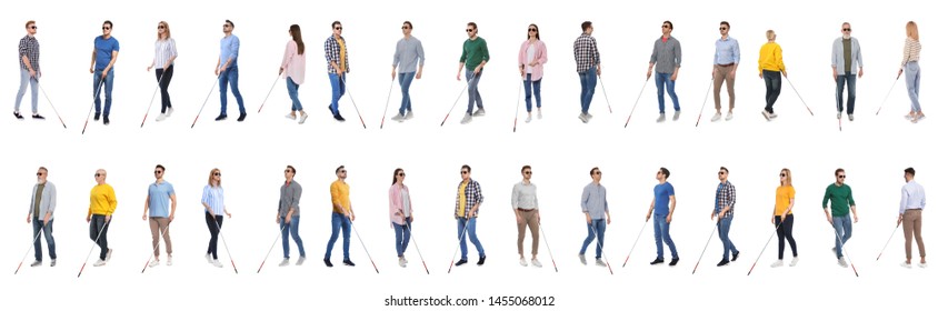 Set Of Blind People With Long Canes On White Background