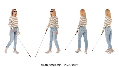 Set Of Blind Woman With Long Cane Walking On White Background