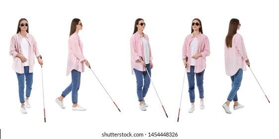 Set Of Blind Woman With Long Cane Walking On White Background