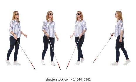 Set Of Blind Woman With Long Cane Walking On White Background