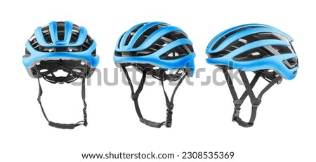 Set of blue bicycle helmets with side, front views. Isolated on white background.