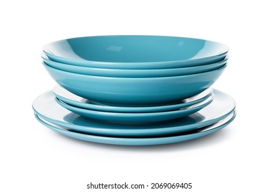 Set Of Blue Clean Dishes On White Background