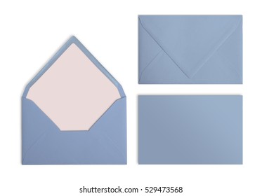 Set Of Blue Envelopes, Mockup. Collection On White Background. Wedding Stationary.