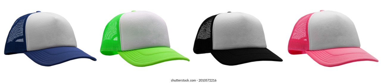 Set of blue, green, black and pink Trucker cap isolated on white background. Different cap isolated. Assorted baseball cap. Mock-up for branding.