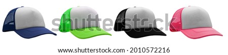 Set of blue, green, black and pink Trucker cap isolated on white background. Different cap isolated. Assorted baseball cap. Mock-up for branding.