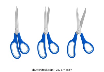 A set of blue handled scissors shown in closed, half-open, and open positions on a white background. Featuring sharp stainless steel blades and ergonomic grips, ideal for office, craft, or educational