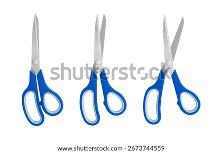 A set of blue handled scissors shown in closed, half-open, and open positions on a white background. Featuring sharp stainless steel blades and ergonomic grips, ideal for office, craft, or educational