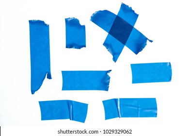 Set Of Blue Masking Tape Pieces Isolated On White Background