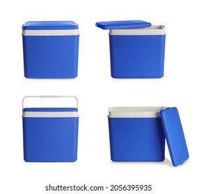 Set With Blue Plastic Cool Boxes On White Background 