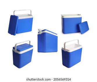 Set With Blue Plastic Cool Boxes On White Background 