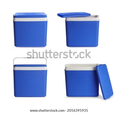 Set with blue plastic cool boxes on white background 