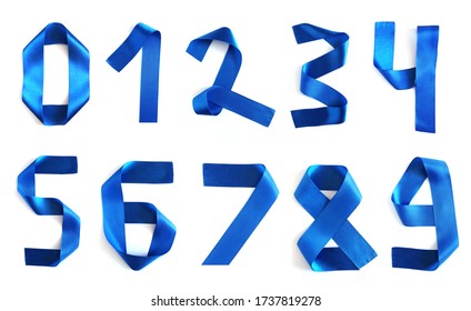 Set Of Blue Ribbon Numbers Zero To Nine. Collection Isolated On White Background