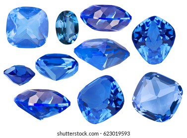 Set Of Blue Sapphire Gems Isolated On White Background