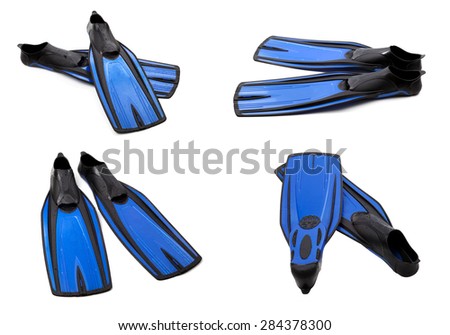 Set of blue swim fins for diving isolated on white background