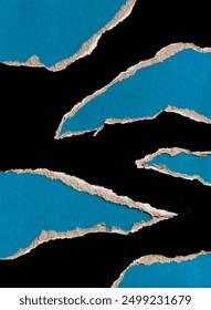 Set of Blue Torn Sharp Ripped Paper Hole Edges with Black Cardboard Background. Distressed Texture for Mixed Media Collage. High Quality.