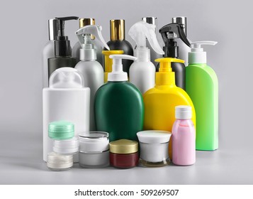 Set Of Body Care Products On Grey Background