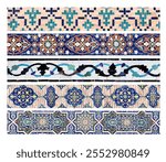 Set of borders with detail of traditional persian mosaic wall with tile ornament. Horizontal or vertical background with ceramic tile frame